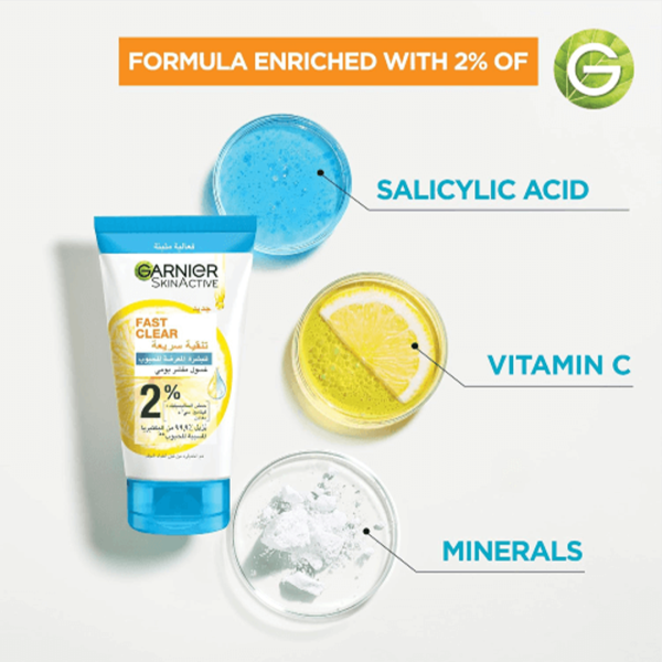 Garnier Fast Clear Face Wash, with Salicylic Acid and Vitamin C + minerals, 150ml - Image 2